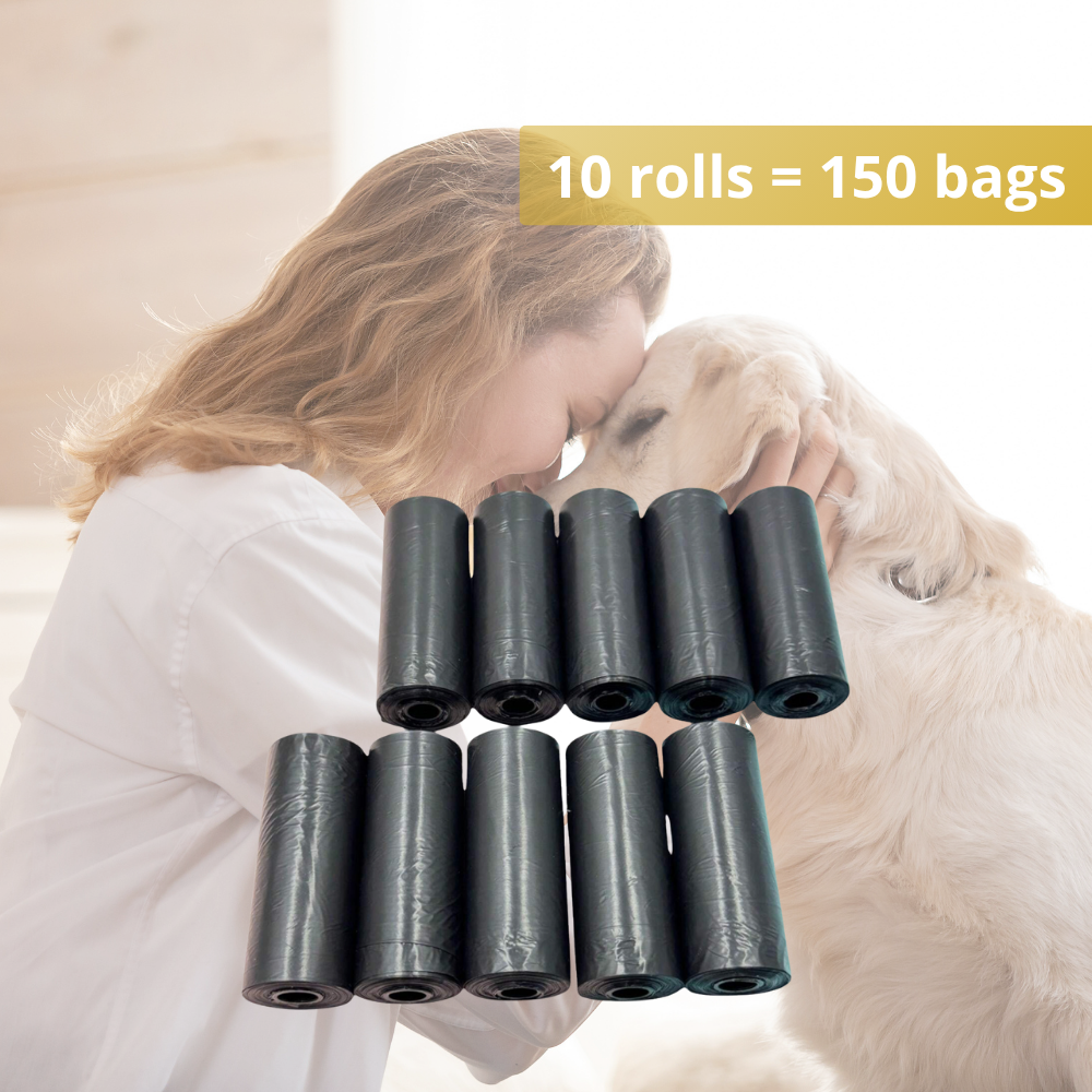 Dog poop bags, heavy duty, leak-proof. 5, 10 or 20 Roll Pack + Dispenser. No mess