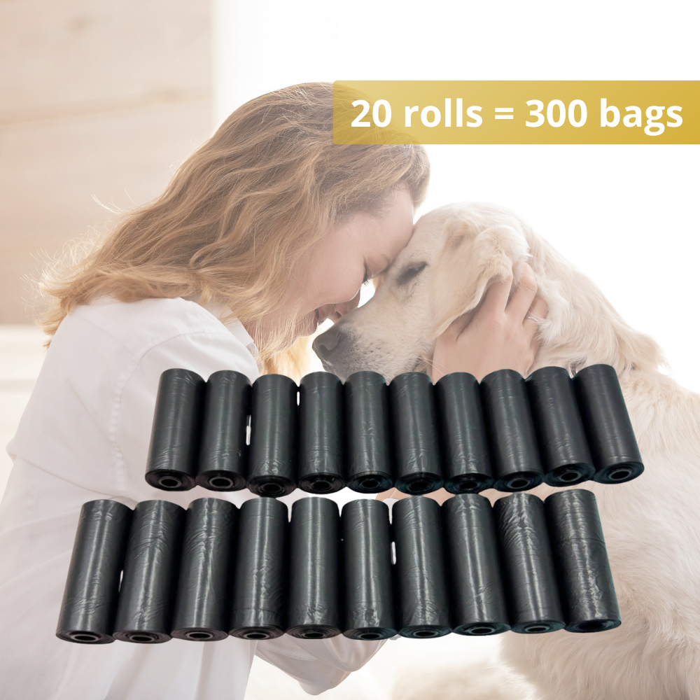 Dog poop bags, heavy duty, leak-proof. 5, 10 or 20 Roll Pack + Dispenser. No mess