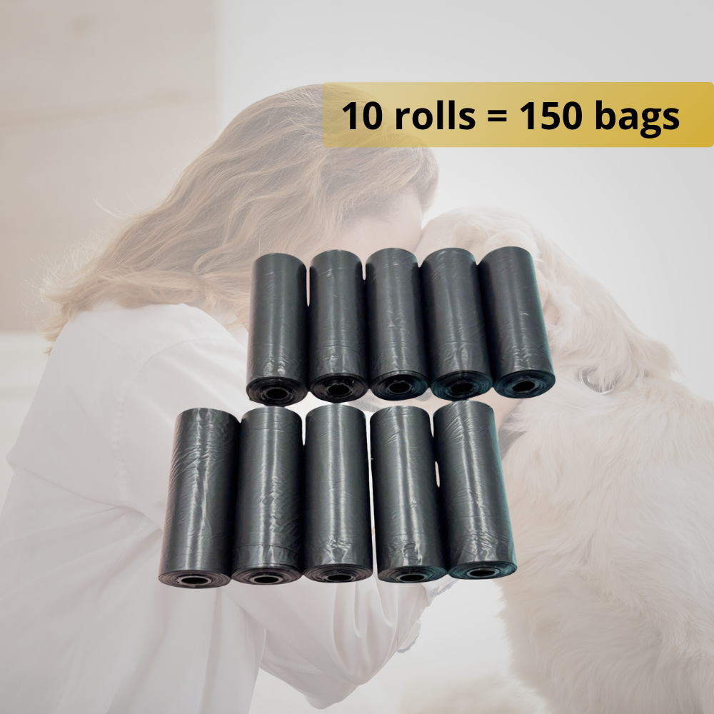Dog poop bags, heavy duty, leak-proof. 5, 10 or 20 Roll Pack + Dispenser. No mess