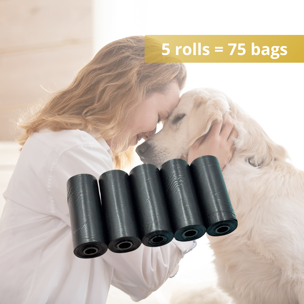 Dog poop bags, heavy duty, leak-proof. 5, 10 or 20 Roll Pack + Dispenser. No mess