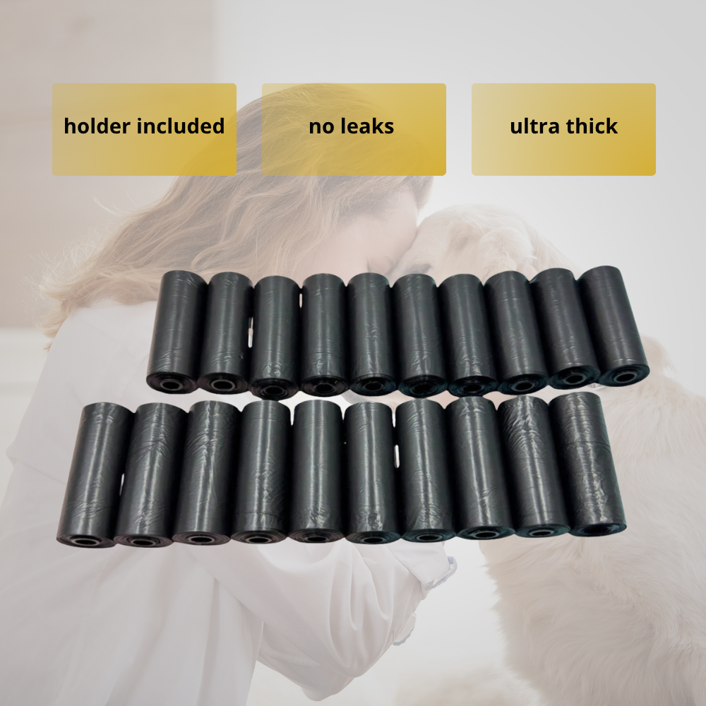 Dog poop bags, heavy duty, leak-proof. 5, 10 or 20 Roll Pack + Dispenser. No mess